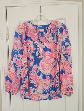 Lilly Pulitzer Blue & Pink Floral Peasant Blouse